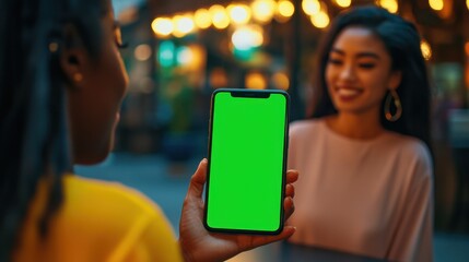 Two young women showing smartphone with green screen in a bar at night