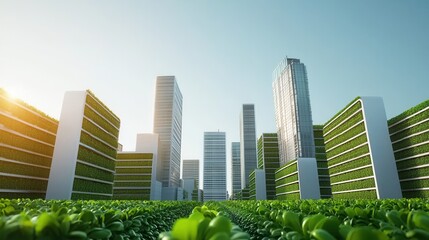 Obraz premium A modern cityscape featuring skyscrapers integrated with greenery, symbolizing urban sustainability and eco-friendly architecture.