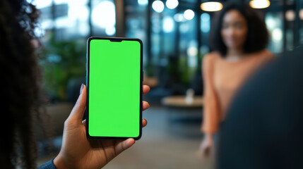 Woman holding smartphone with green screen in modern office building lobby