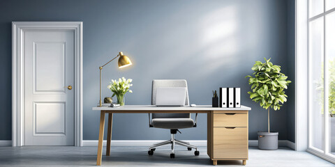 Fototapeta premium Modern home office with sky blue walls, gold accents, and greenery
