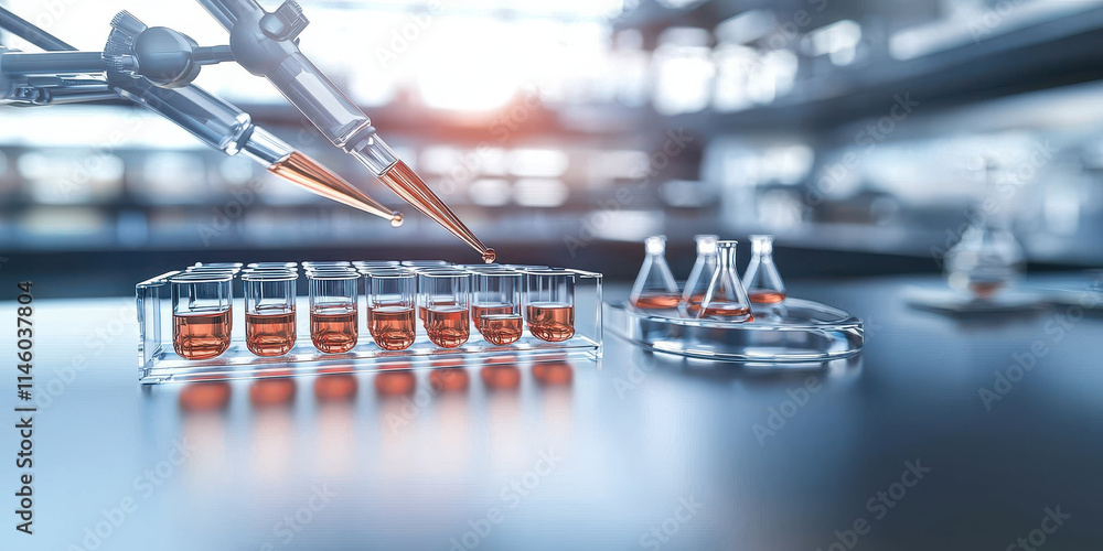 Poster close up of advanced lab instruments analyzing liquid samples with precision
