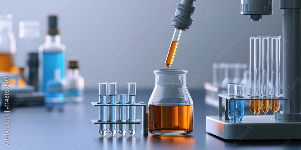 Poster close up of advanced lab instruments analyzing liquid samples with precision