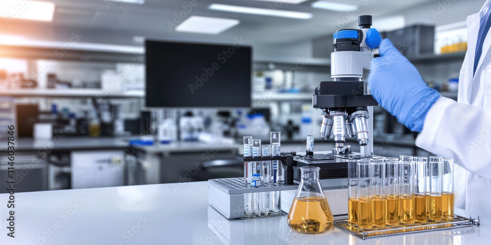 Poster close up of advanced lab instruments analyzing samples in laboratory