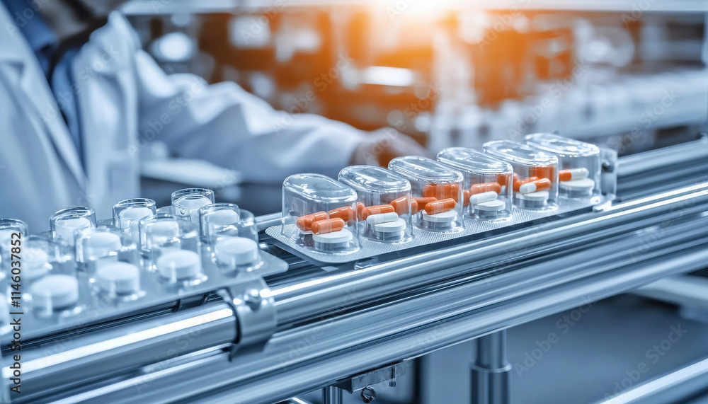 Poster close up of pills being inspected on production line in lab