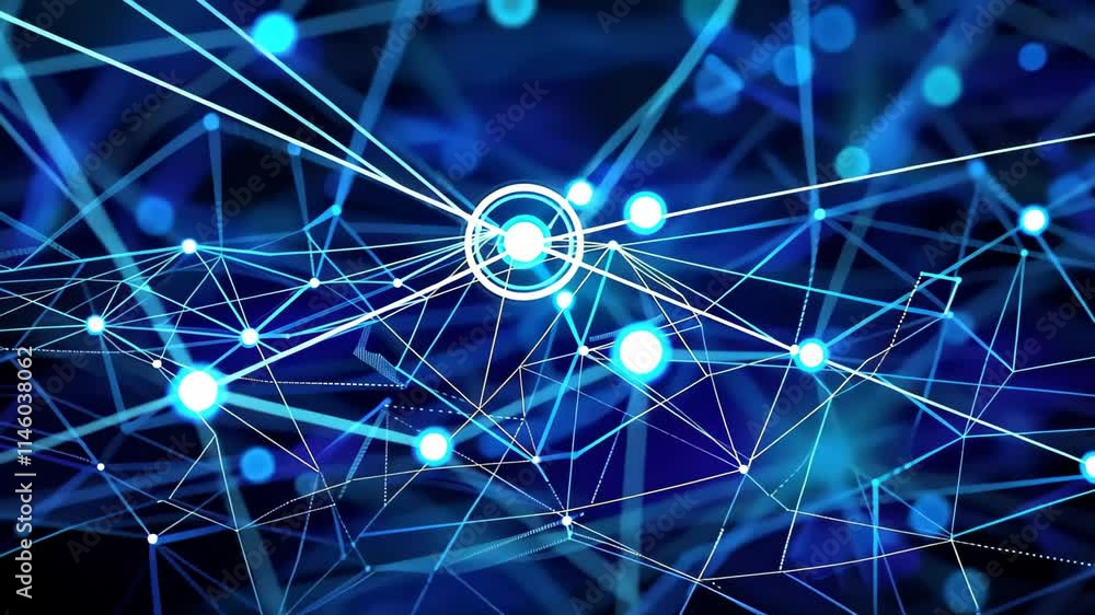 Poster an abstract representation featuring a blue network of glowing nodes and interconnected lines, depic