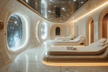 Fototapeta premium Futuristic Spacecraft Interior with Holographic Beds, Glowing Stars, and Symmetrical Design, for Science Fiction and Luxury Travel Concepts