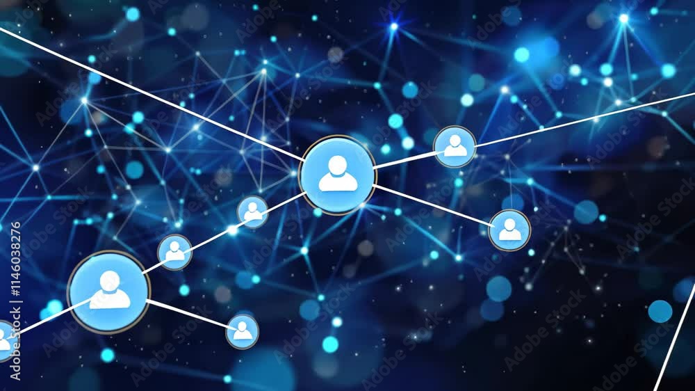 Poster glowing blue dots and interconnected lines create an abstract network against a dark backdrop, showc