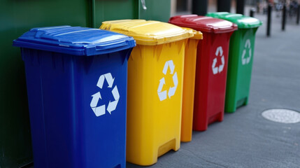Colorful recycling bins stand ready for waste sorting, promoting environmental responsibility