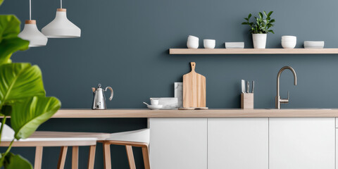 Modern kitchen with green backsplash, wooden shelves, and stylish decor