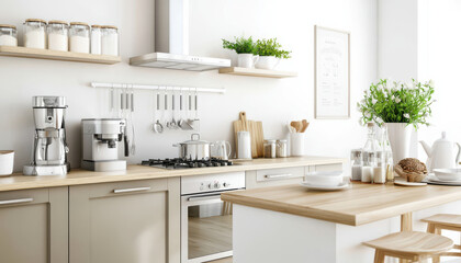 Fototapeta premium Modern kitchen with sleek design, wooden accents, and bright decor