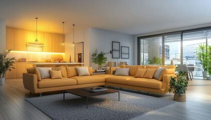 Bright contemporary living room with yellow sofa and plants