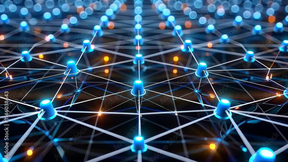 Poster the visual representation captures a network of illuminated nodes linked by glowing lines, showcasin