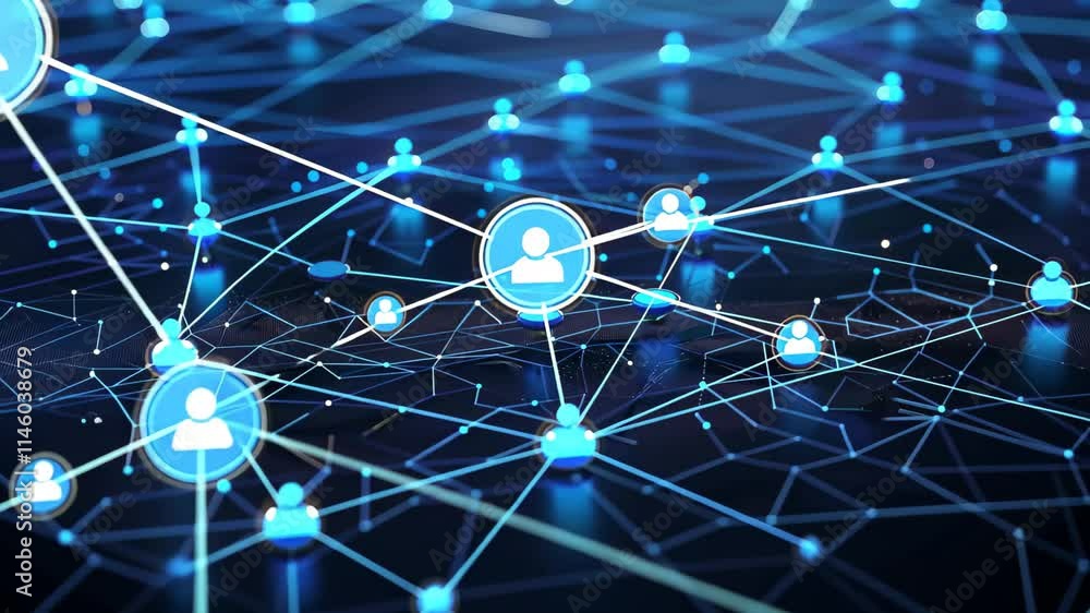 Poster a vibrant digital network showcasing interconnected nodes illuminated in blue, symbolizing data flow