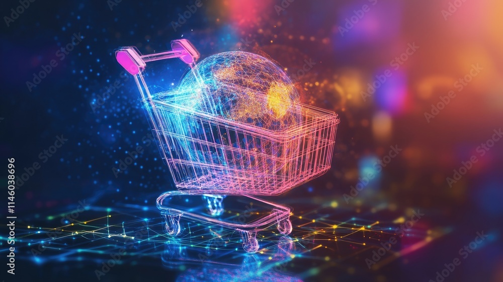 Poster futuristic shopping cart with a digital globe representing e-commerce and global connectivity in the