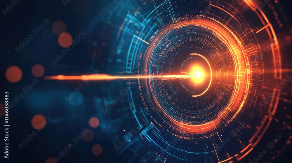 Poster futuristic abstract digital technology background with glowing circular elements and light beams in 