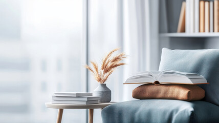 Cozy reading nook with soft blue cushion and open book on table