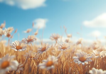 A Vibrant Field of Daisies Under a Bright Blue Sky with Soft Fluffy Clouds in the Background, Perfect for Nature and Floral Themes