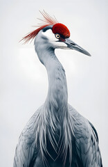 Fototapeta premium Majestic Grey Crane with Red Crown and Elegant Neck Silhouette Against Soft Grey Background Showcasing Nature's Beauty and Wildlife Splendor