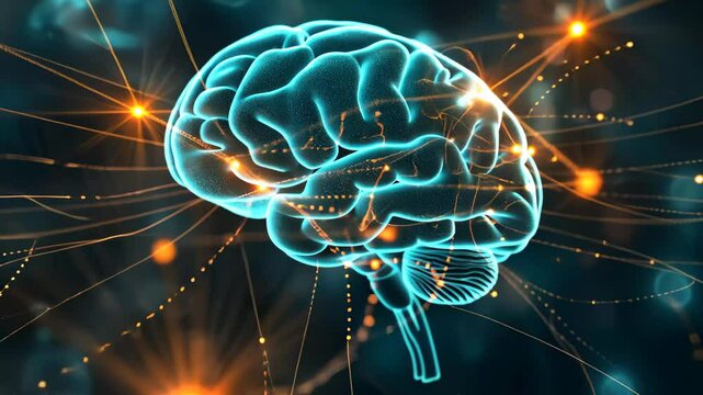This illustration depicts a luminous representation of the human brain, highlighting its intricate neural connections through vibrant light patterns and colors.