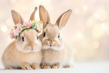 Obraz premium Adorable Easter Bunny with Colorful Eggs and Ribbons on Pastel Background