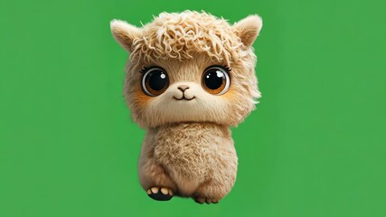 Llama character from Despicable Me, animated llama with white spots, brown eyes and black snout, standing upright, against green backdrop for movie or TV series artwork
