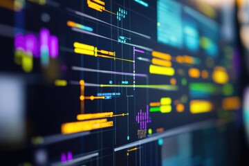 Close-up view of a computer screen showing colorful code lines