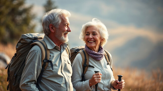 elderly couple hiking in a forest