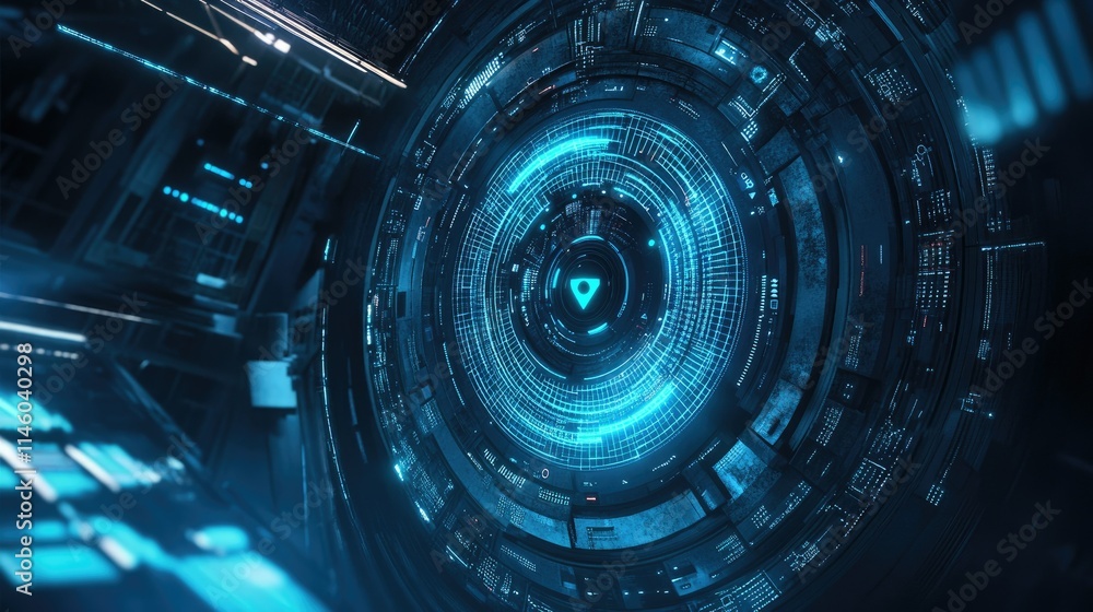 Poster futuristic digital interface with circular patterns and vibrant blue lights, symbolizing advanced te