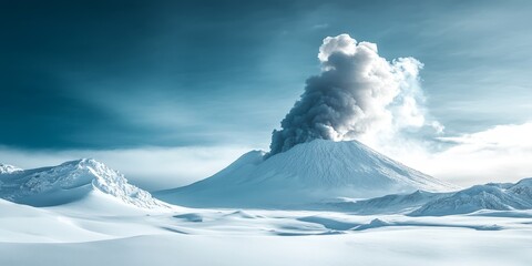 Fototapeta premium Smoke rising from a snow covered volcano creates a stunning natural landmark, showcasing the striking beauty of a volcano in a wintry landscape. This snow covered volcano captivates all who see it.