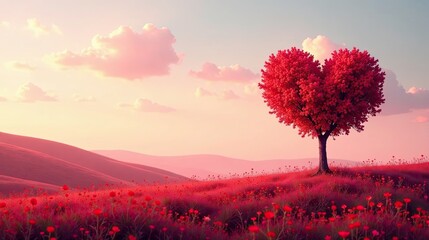 Serene Sunset Landscape Featuring a Heart-Shaped Tree Amidst a Field of Blossoms