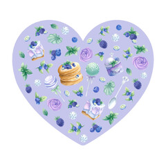 Heart shaped composition with pancakes, cakes, blueberry, blackberry, marshmallows in purple and green colors. Hand draw watercolor isolated illustration for romantic Valentines Day greeting card.