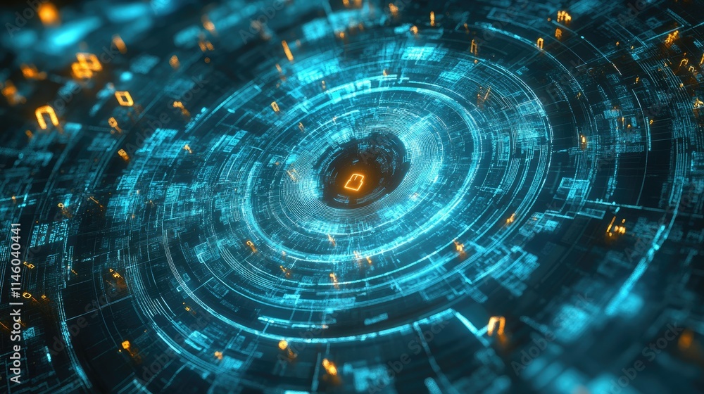 Poster abstract digital background with glowing circular patterns and data elements representing technology