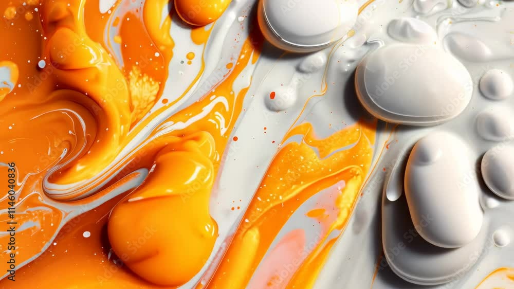 Poster bright orange and white paint blend seamlessly on a canvas, creating dynamic swirls and textures tha