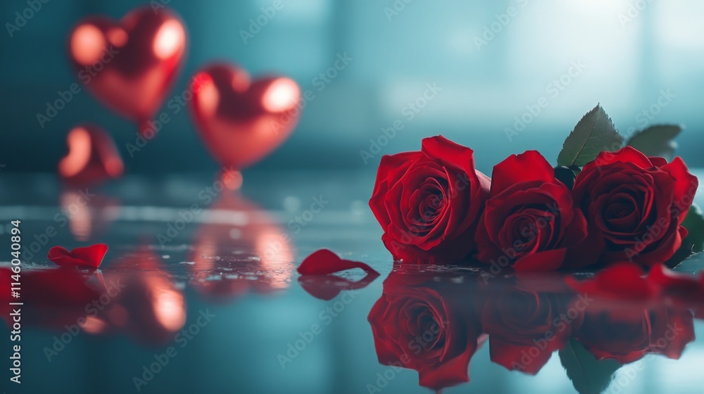 Poster three red roses lie on a reflective surface, surrounded by scattered petals, while heart-shaped ball
