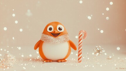 Adorable Cartoon Penguin with Candy Cane in Winter Wonderland Setting