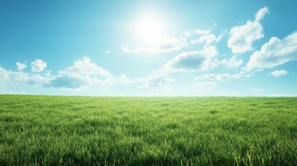 Fototapeta premium Vibrant green field under a clear sky provides an ideal setting, offering ample copy space for creative projects. This green field and clear sky create a refreshing and inviting atmosphere.