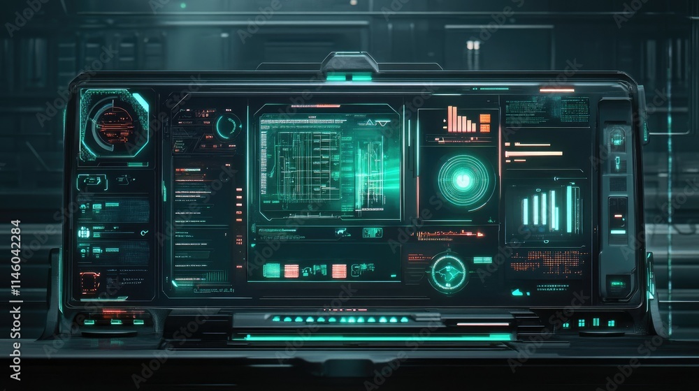 Poster futuristic control interface with digital displays and graphs featuring high-tech data visualization