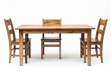 Rustic wooden dining table with three chairs.