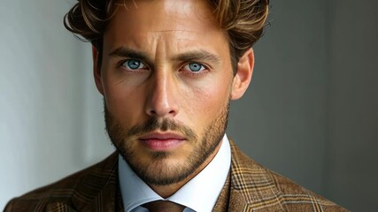 Stylish man showcases elegant plaid suit and sharp accessories in modern setting