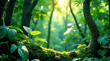 Serene Sunlight Illuminates Lush Forest Undergrowth, Revealing Vibrant Green Foliage and Mossy Textures