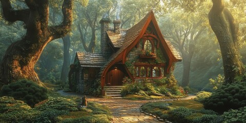 Fototapeta premium Surreal architecture of a wooden house nestled in an enchanted forest creates a captivating scene. The enchanted forest enhances the unique appeal of this surreal architectural gem.