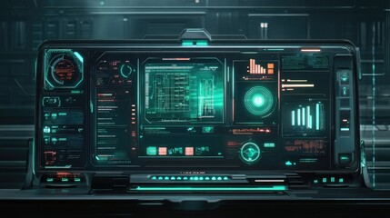 Fototapeta premium Futuristic Control Interface with Digital Displays and Graphs Featuring High-Tech Data Visualizations in a Sci-Fi Environment