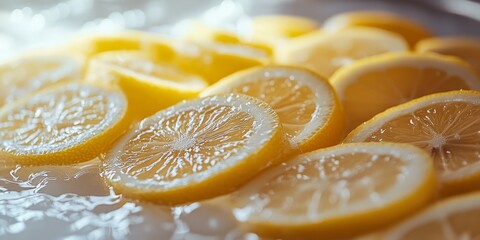 Fresh yellow lemon cut into slices on a light background, showcasing a close up view. A pile of lemon slices reveals lemon juice dripping onto a light table with a blurred backdrop.