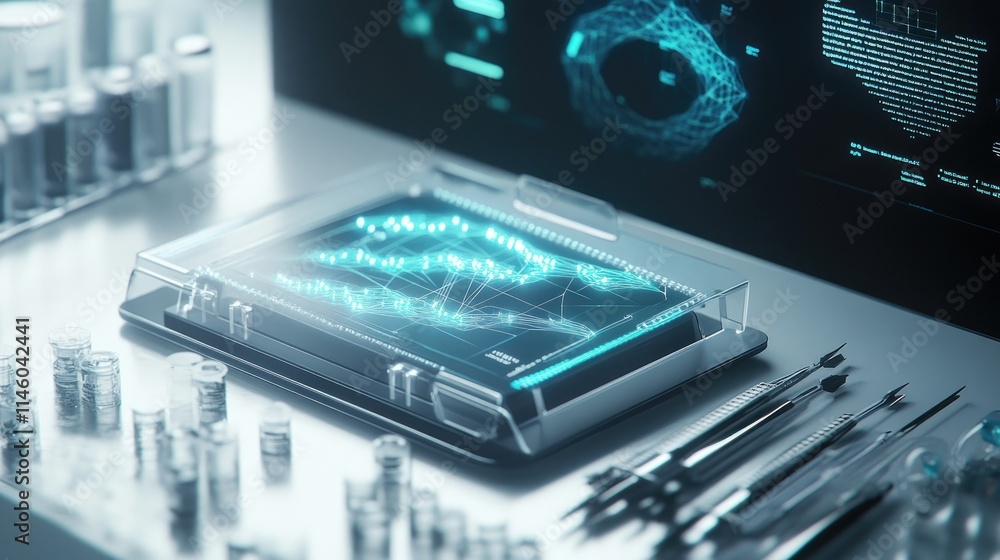 Poster advanced laboratory setup showcasing a transparent touchscreen interface displaying digital data vis