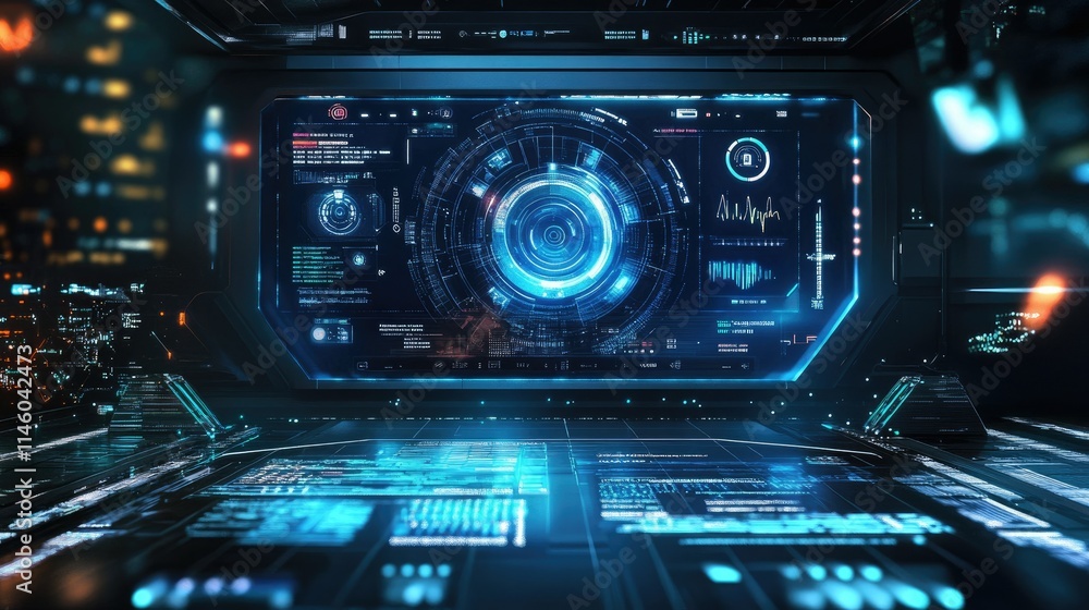 Poster futuristic user interface displaying data and analytics in a high-tech control room with neon lights