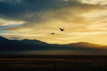 Fototapeta premium Aerial view of birds soaring above a green meadow, perfect for nature-themed projects