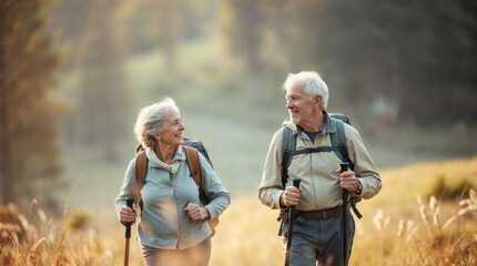 Fototapeta premium elderly couple hiking in a forest