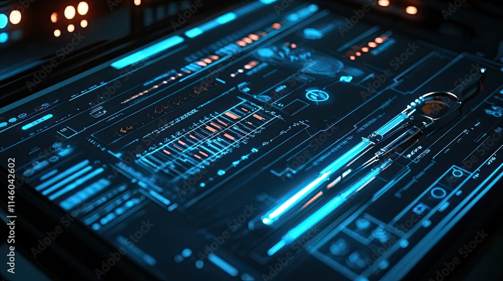 Poster futuristic interface displaying advanced digital technology with bright blue neon accents and intera