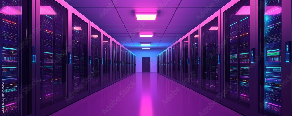 Poster data center operations technology hub digital infrastructure neon lighting wide angle cybersecurity 