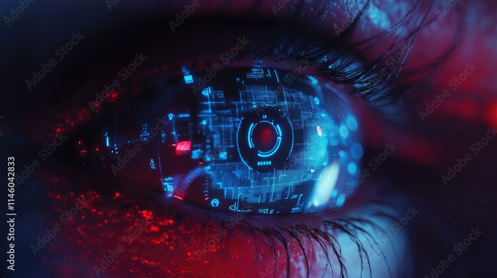 Poster close-up of a human eye showcasing high-tech data processing with vivid blue and red digital interfa